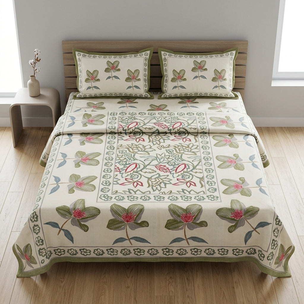 Block Print Bedsheet Set (108 x 108 inches) with 2 Pillow Covers Product Code :- 55B106RKEH