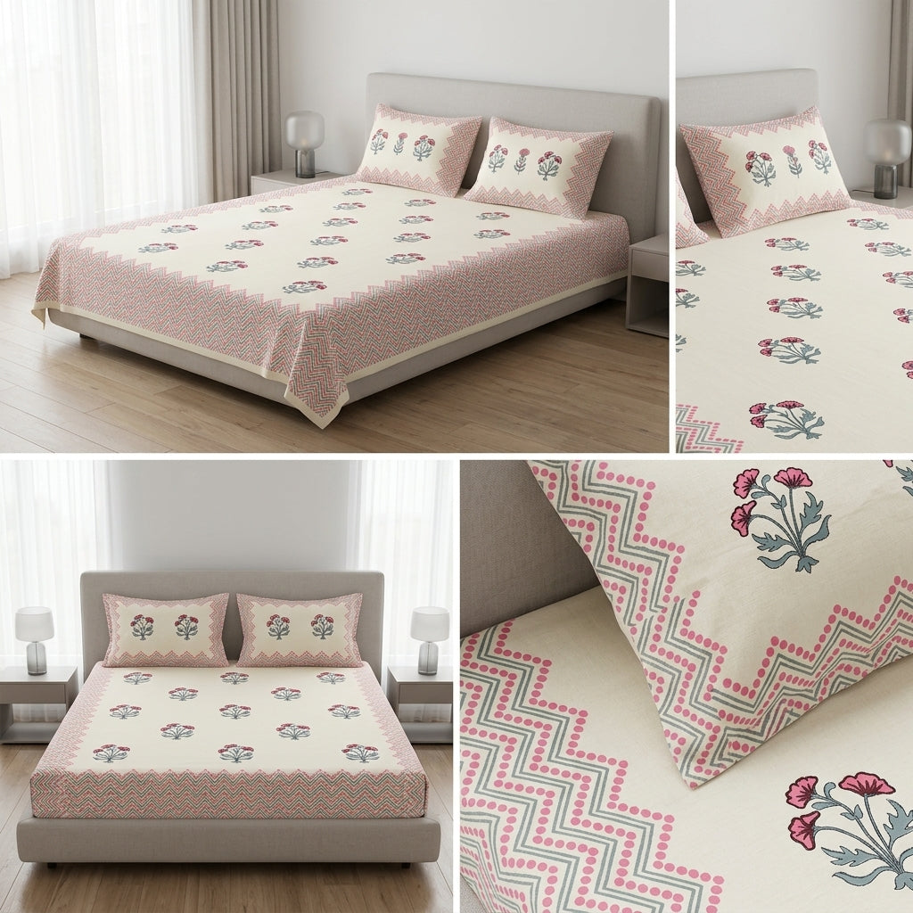 Block Print Bedsheet Set (108 x 108 inches) with 2 Pillow Covers Product Code :- 55B106RKEH