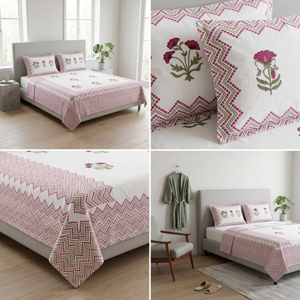 Block Print Bedsheet Set (108 x 108 inches) with 2 Pillow Covers Product Code :- 55B106RKEH