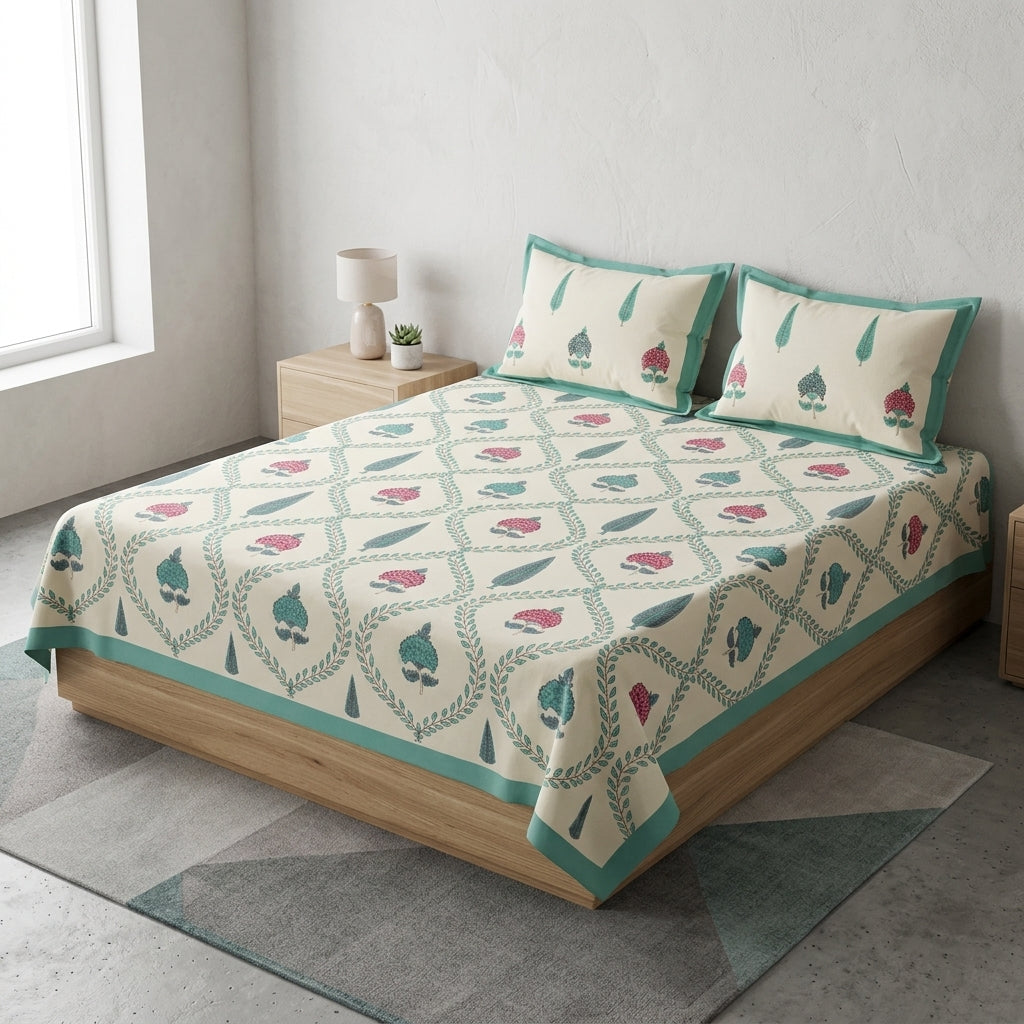 Block Print Bedsheet Set (108 x 108 inches) with 2 Pillow Covers Product Code :- 55B106RKEH