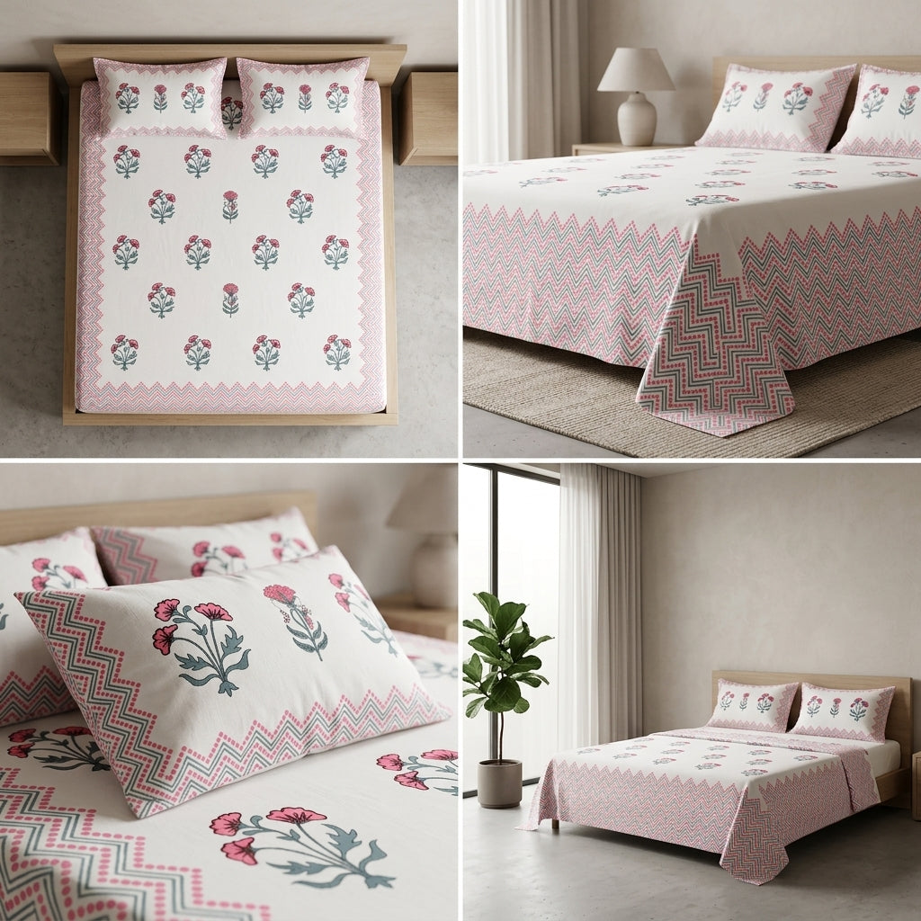 Block Print Bedsheet Set (108 x 108 inches) with 2 Pillow Covers Product Code :- 55B106RKEH
