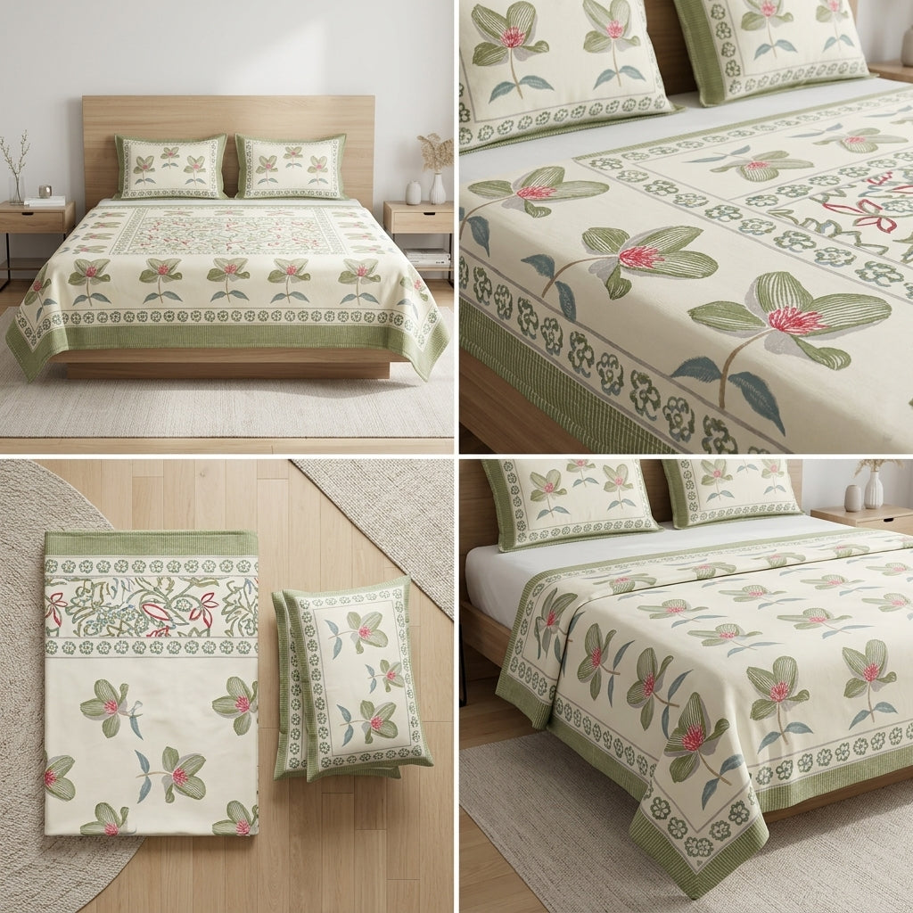 Block Print Bedsheet Set (108 x 108 inches) with 2 Pillow Covers Product Code :- 55B106RKEH