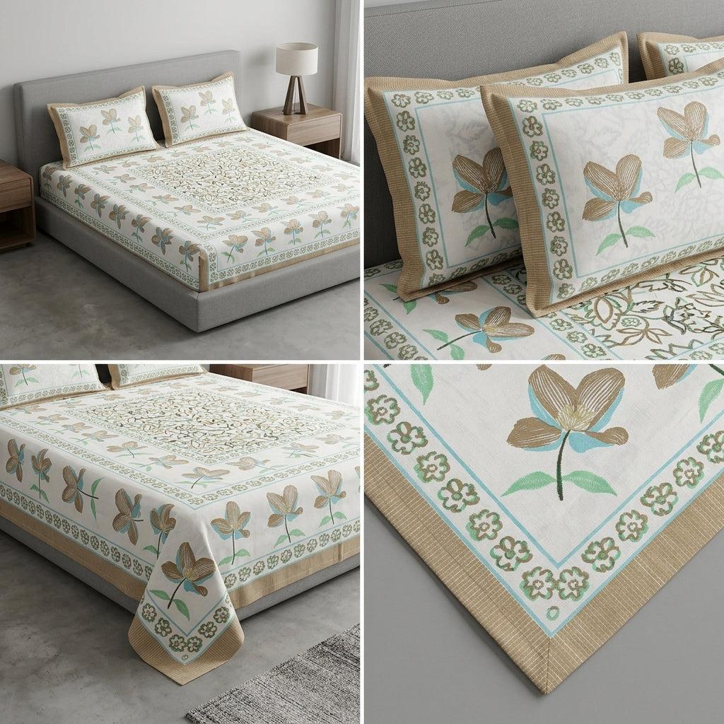Block Print Bedsheet Set (108 x 108 inches) with 2 Pillow Covers Product Code :- 55B106RKEH