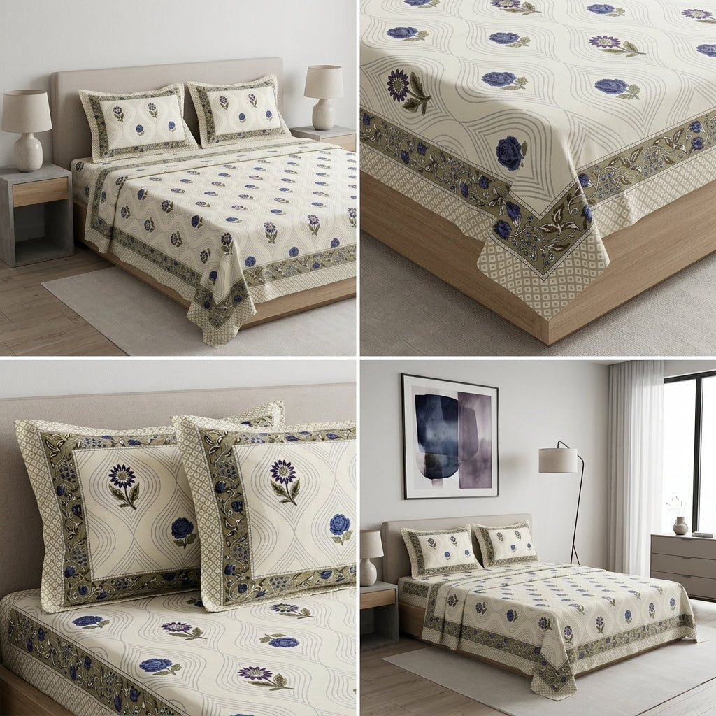 Block Print Bedsheet Set (108 x 108 inches) with 2 Pillow Covers Product Code :- 55B106RKEH