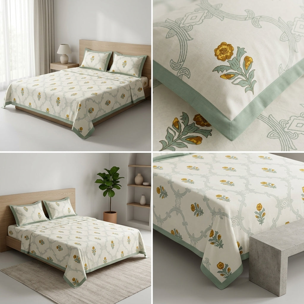Block Print Bedsheet Set (108 x 108 inches) with 2 Pillow Covers Product Code :- 55B106RKEH