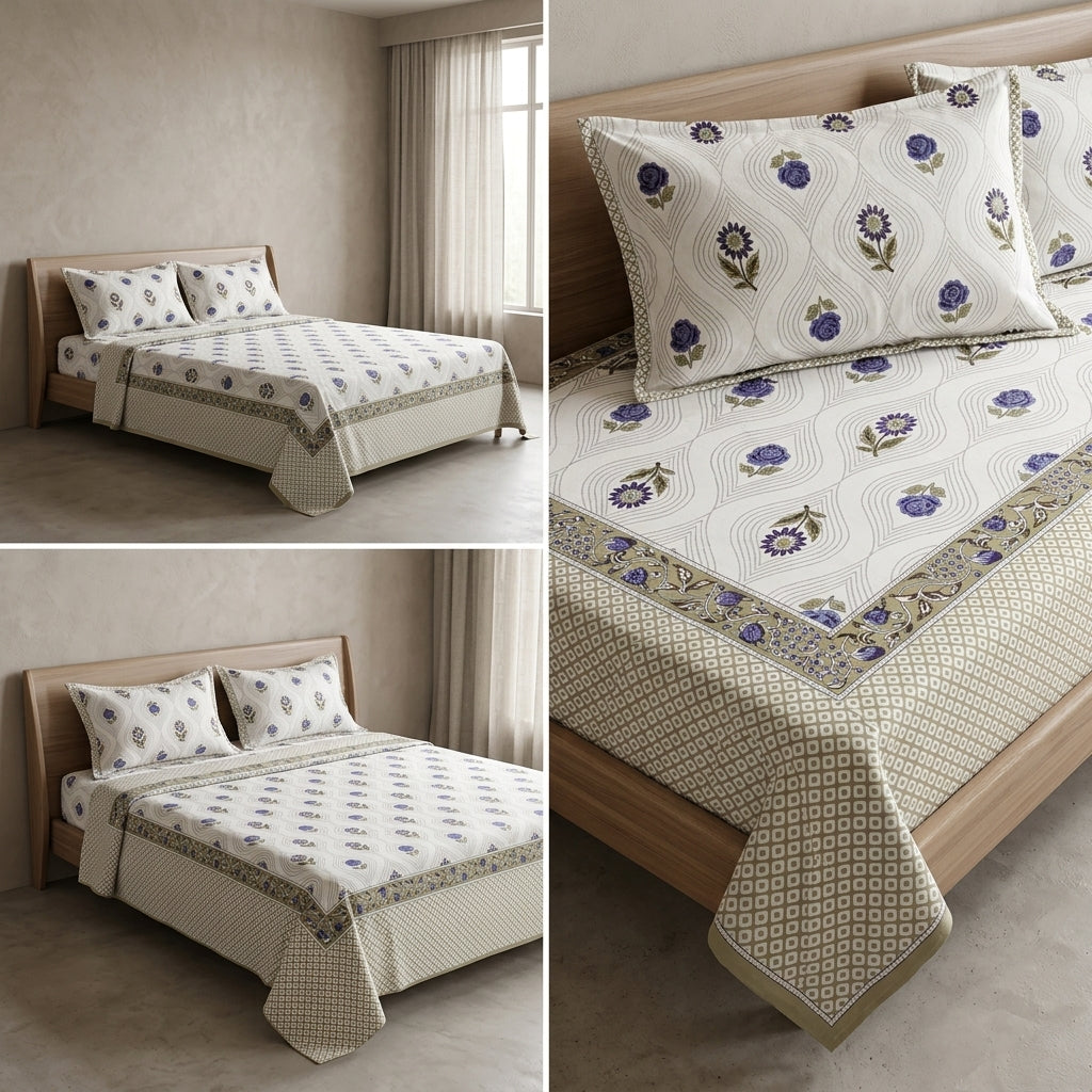 Block Print Bedsheet Set (108 x 108 inches) with 2 Pillow Covers Product Code :- 55B106RKEH