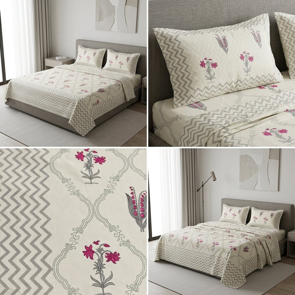 Block Print Bedsheet Set (108 x 108 inches) with 2 Pillow Covers Product Code :- 55B106RKEH