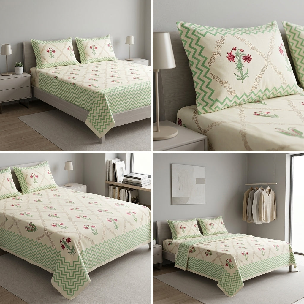 Block Print Bedsheet Set (108 x 108 inches) with 2 Pillow Covers Product Code :- 55B106RKEH