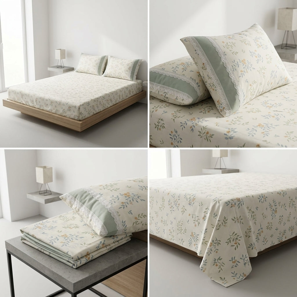 English Floral Bedsheet with Designer Lace Pillow Covers Pure Cotton