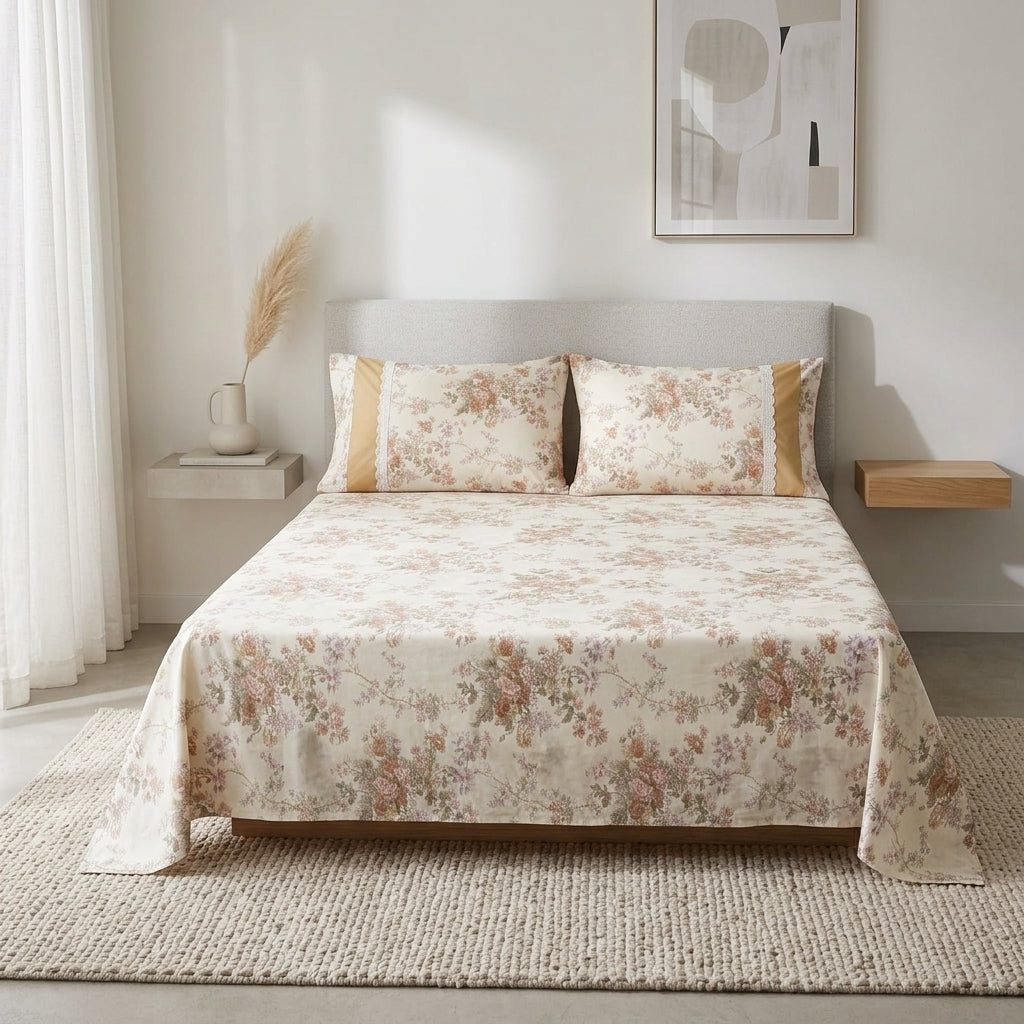 English Floral Bedsheet with Designer Lace Pillow Covers Pure Cotton
