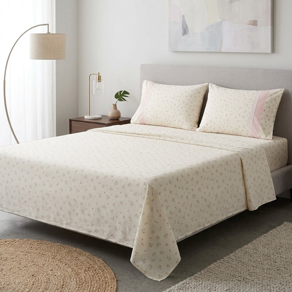 English Floral Bedsheet with Designer Lace Pillow Covers Pure Cotton