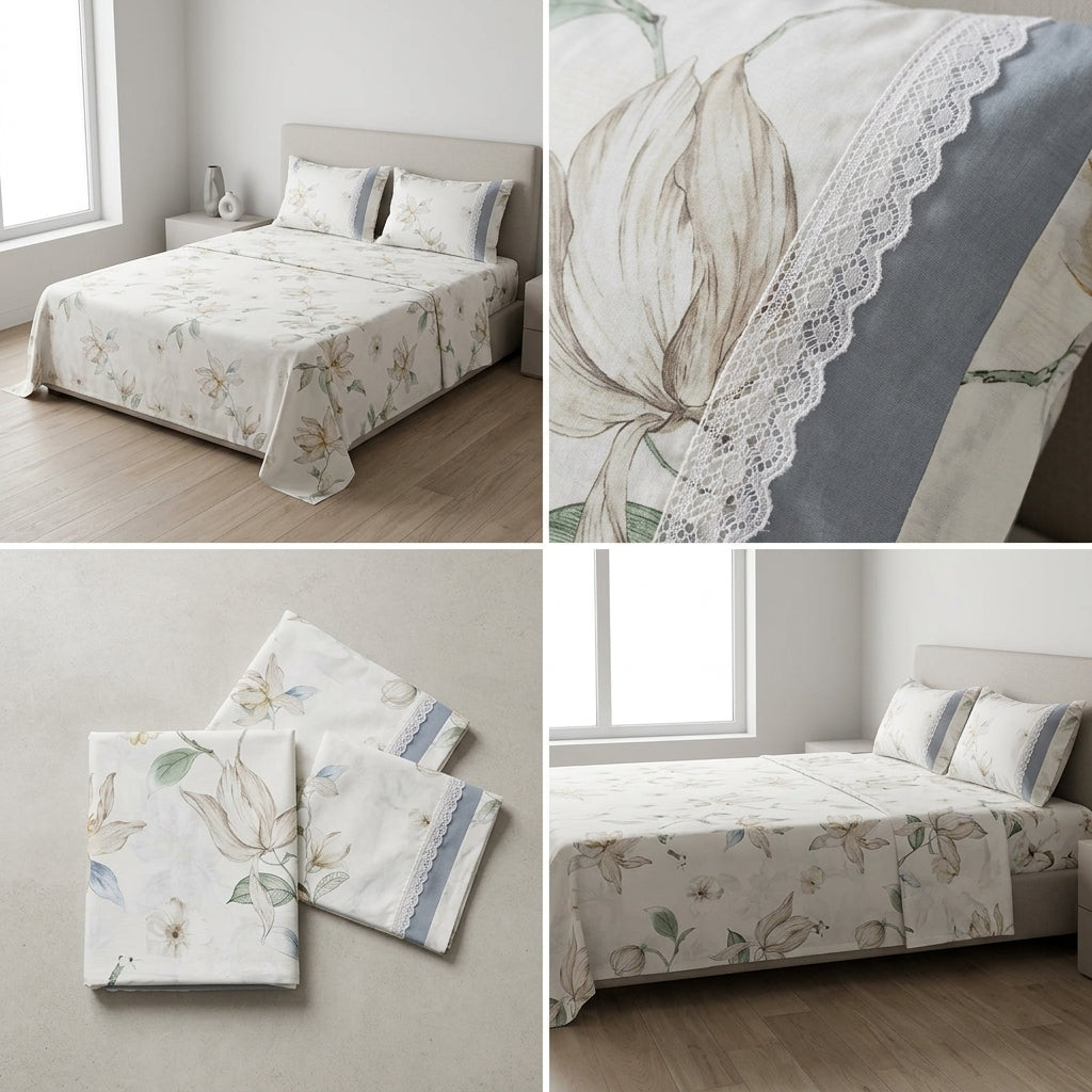 English Floral Bedsheet with Designer Lace Pillow Covers Pure Cotton