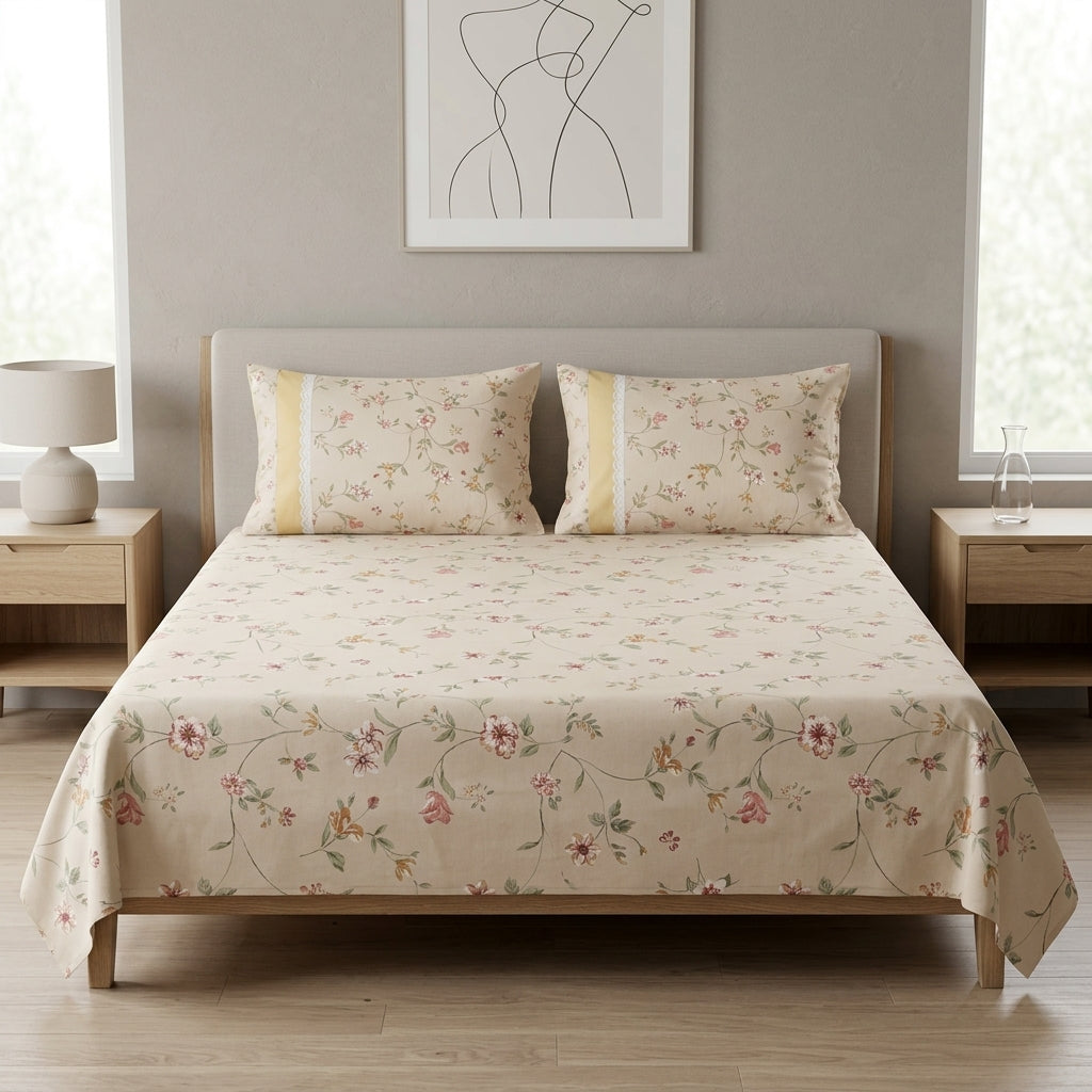 English Floral Bedsheet with Designer Lace Pillow Covers Pure Cotton