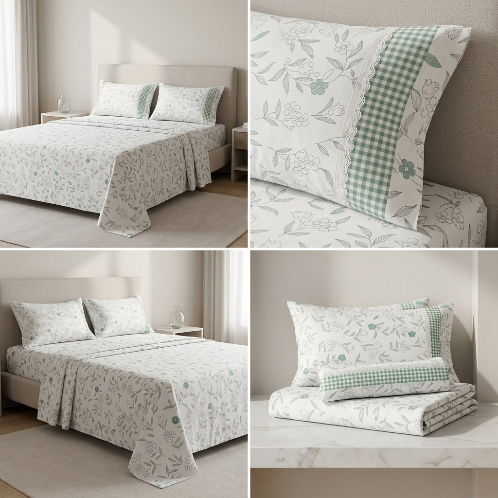 English Floral Bedsheet with Designer Lace Pillow Covers Pure Cotton