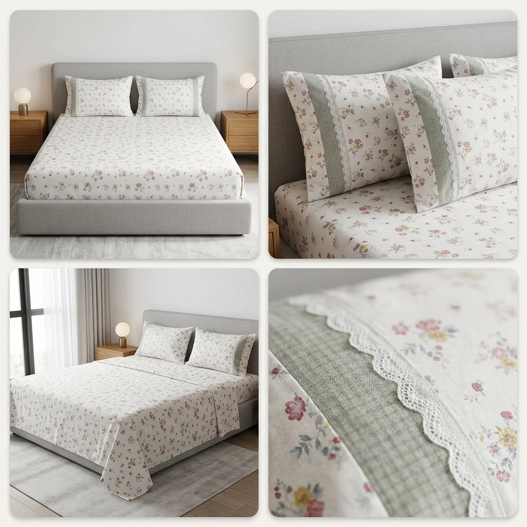 English Floral Bedsheet with Designer Lace Pillow Covers Pure Cotton
