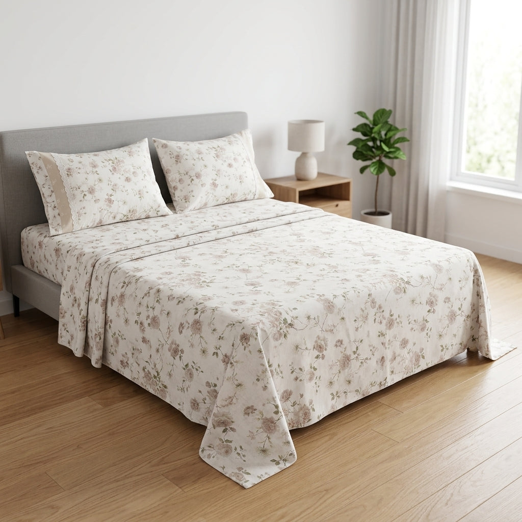 English Floral Bedsheet with Designer Lace Pillow Covers Pure Cotton