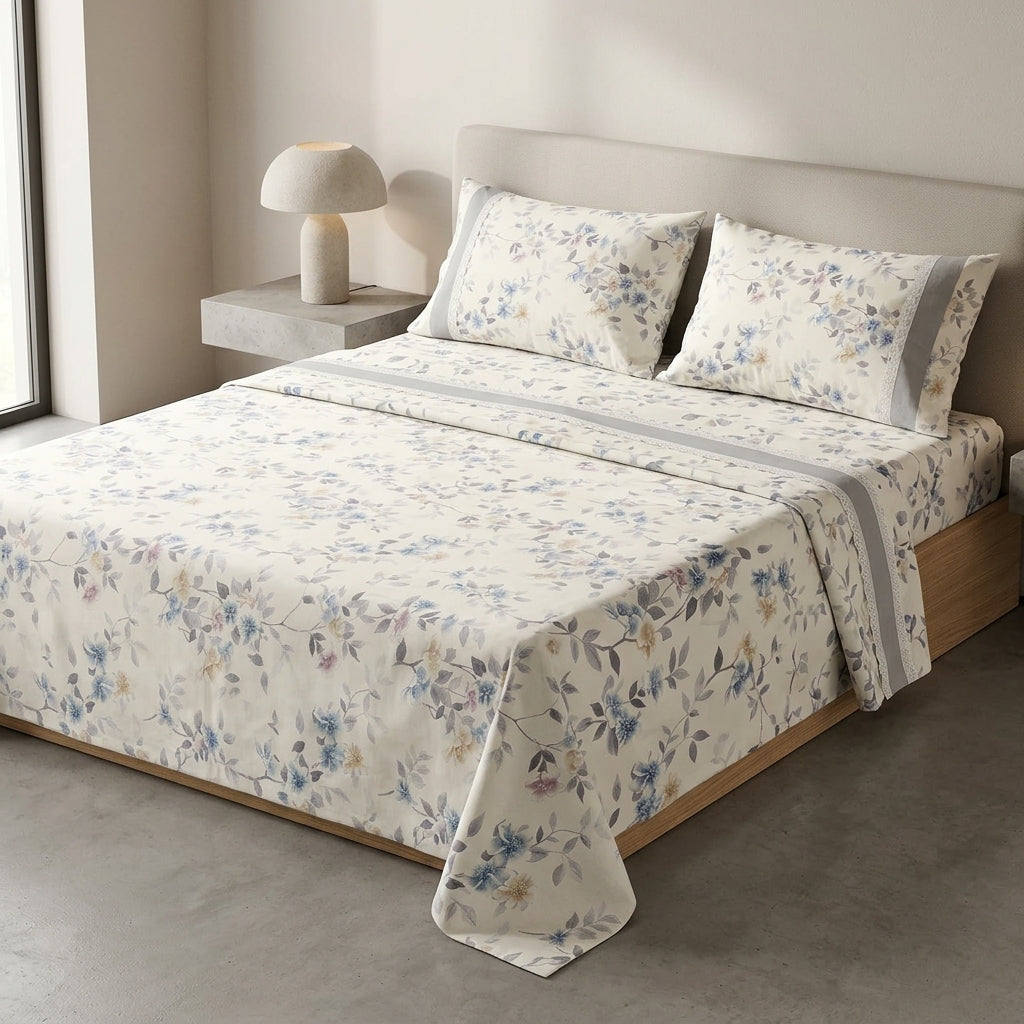 English Floral Bedsheet with Designer Lace Pillow Covers Pure Cotton