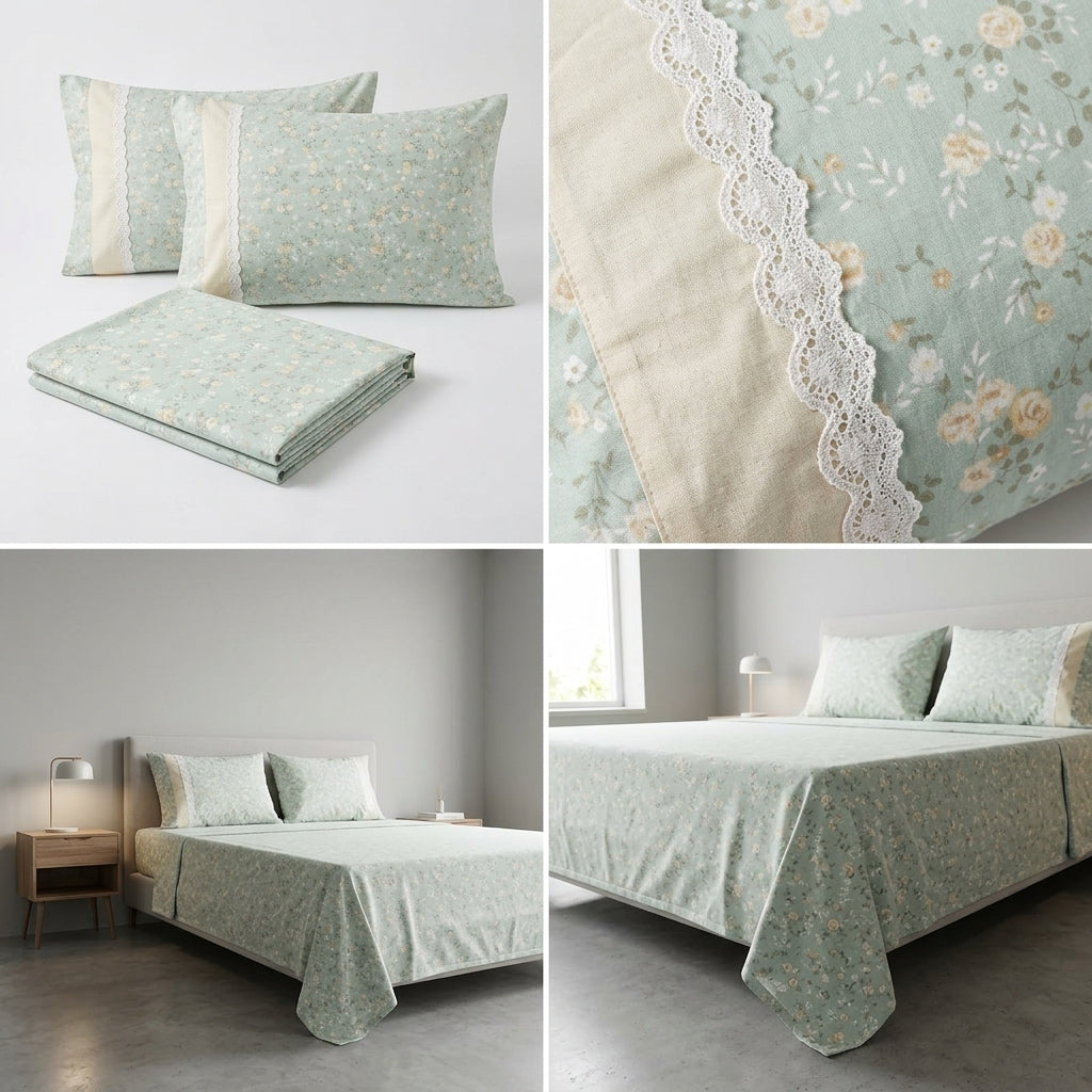 English Floral Bedsheet with Designer Lace Pillow Covers Pure Cotton
