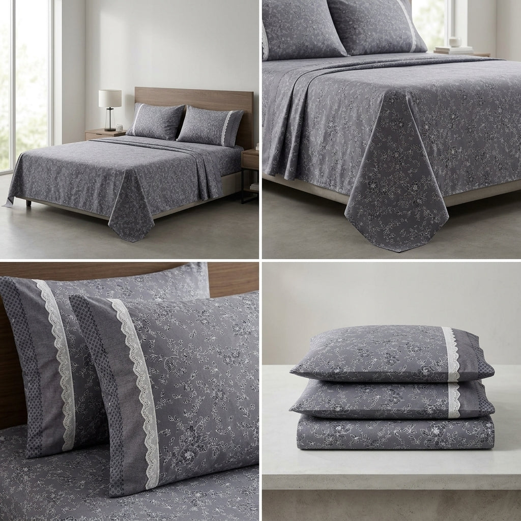 English Floral Bedsheet with Designer Lace Pillow Covers Pure Cotton