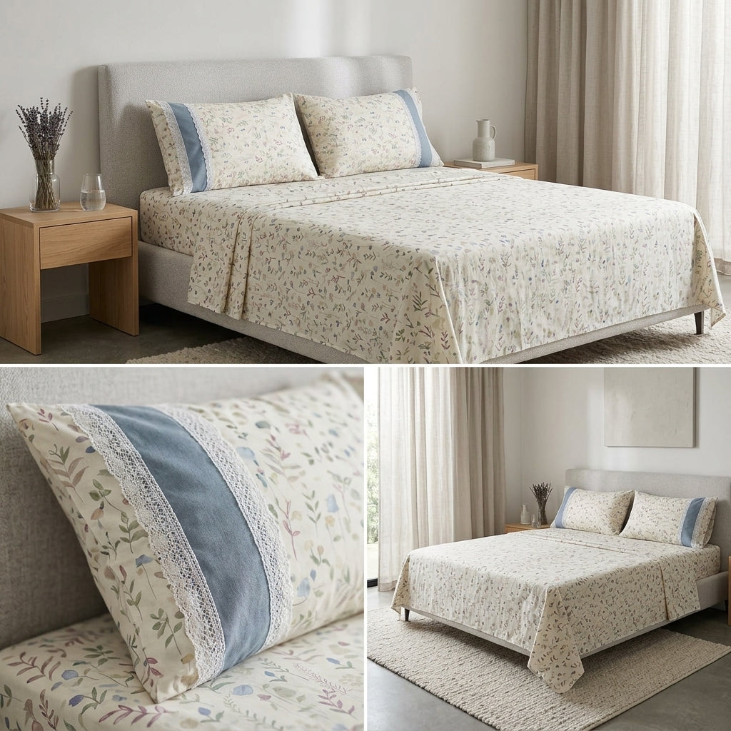 English Floral Bedsheet with Designer Lace Pillow Covers Pure Cotton