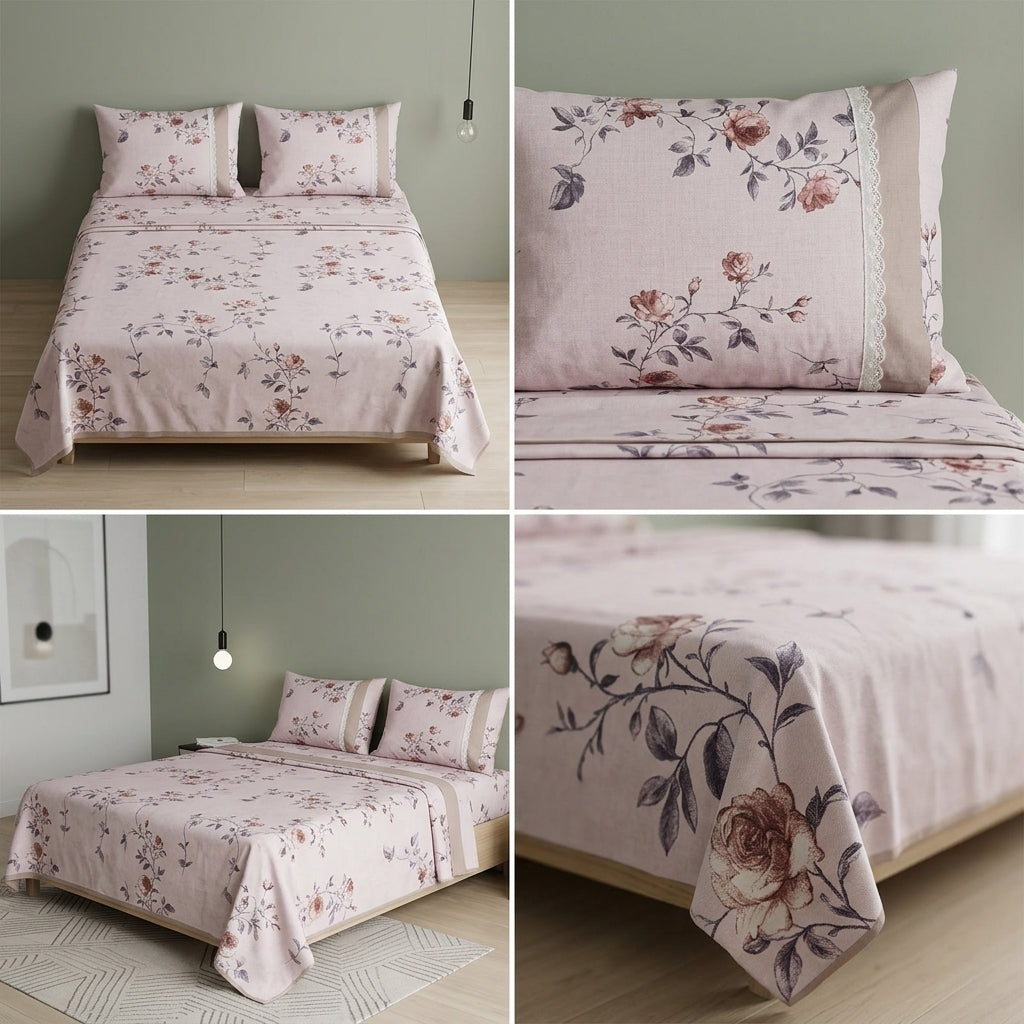 English Floral Bedsheet with Designer Lace Pillow Covers Pure Cotton