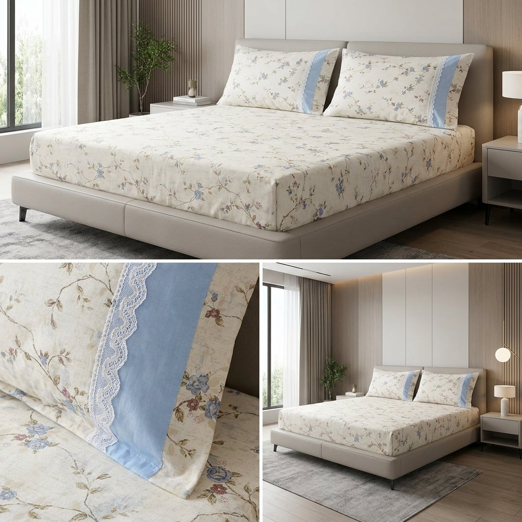 English Floral Bedsheet with Designer Lace Pillow Covers Pure Cotton