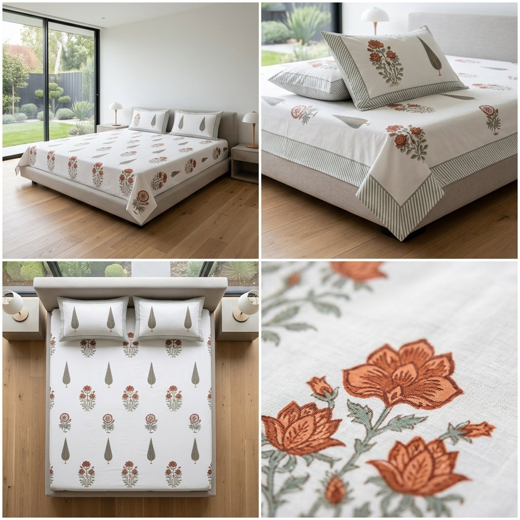 Block Prints Percale 300 TC Jumbo King Size Cotton Bedsheet Set (120 × 120 Inches) Product Code:- 55B198RKEH