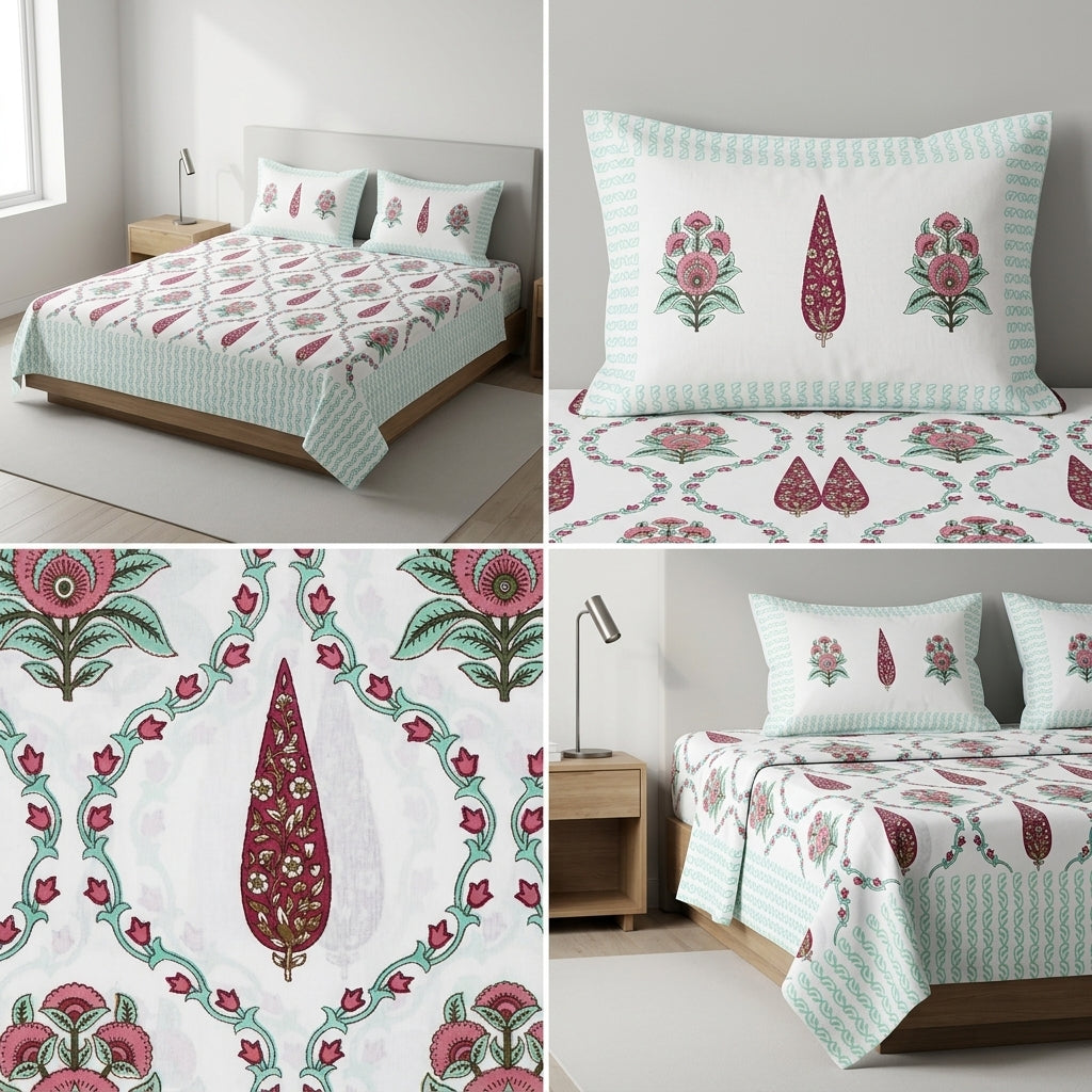 Block Prints Percale 300 TC Jumbo King Size Cotton Bedsheet Set (120 × 120 Inches) Product Code:- 55B198RKEH