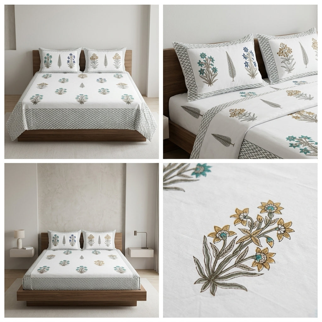 Block Prints Percale 300 TC Jumbo King Size Cotton Bedsheet Set (120 × 120 Inches) Product Code:- 55B198RKEH