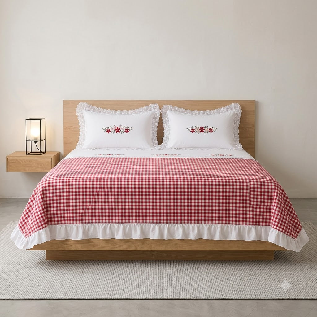 King Size Gingham Checks Bedcover Set with Embroidery | 3-Piece Set