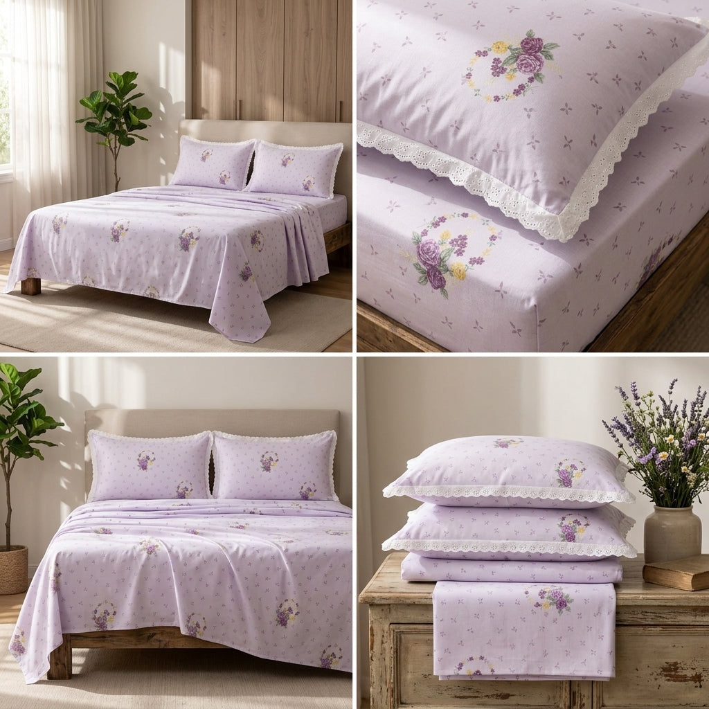 Luxury Floral King Size Bedsheet with Lace Pillow Covers Product Code:- 55B1150RKEH