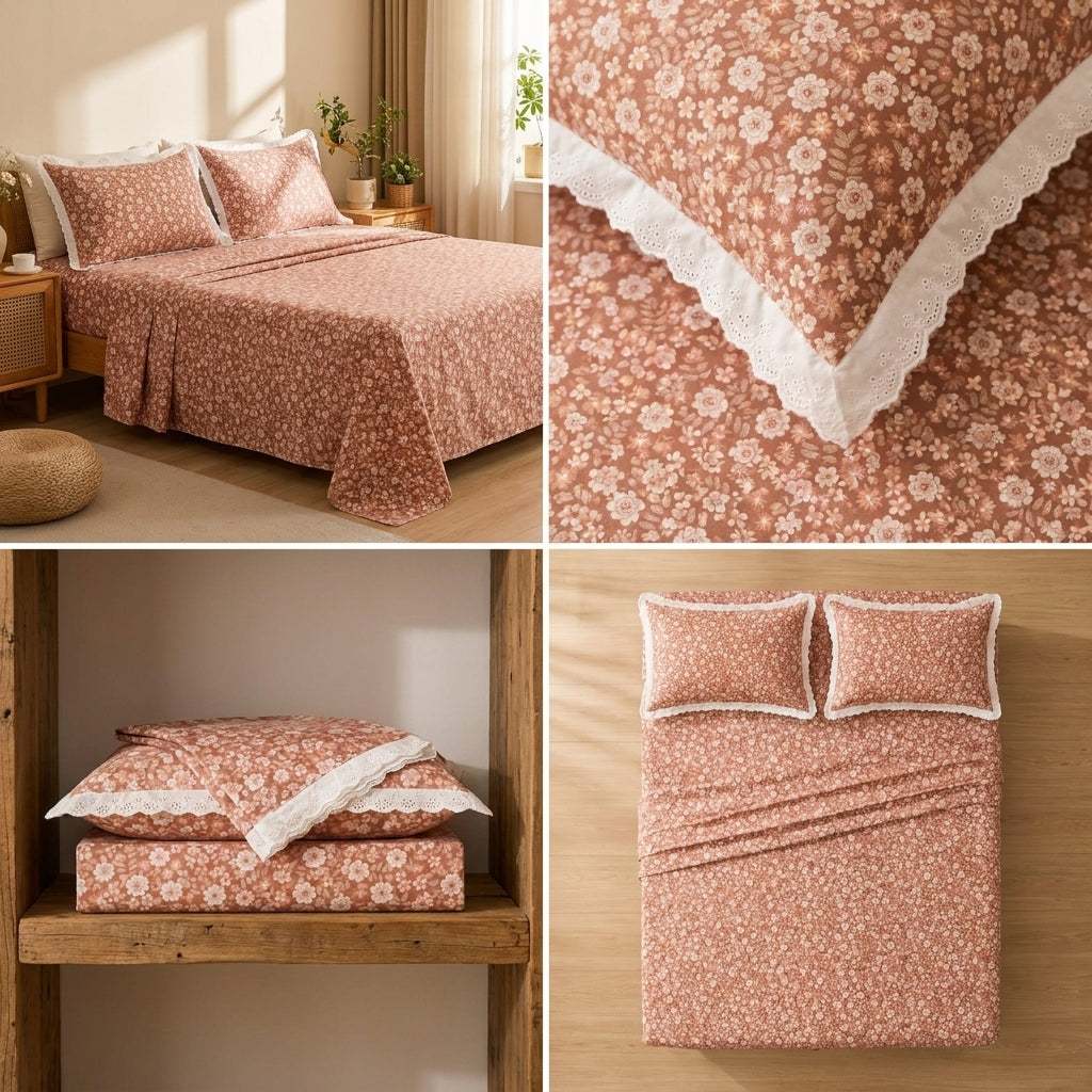 Luxury Floral King Size Bedsheet with Lace Pillow Covers Product Code:- 55B1150RKEH