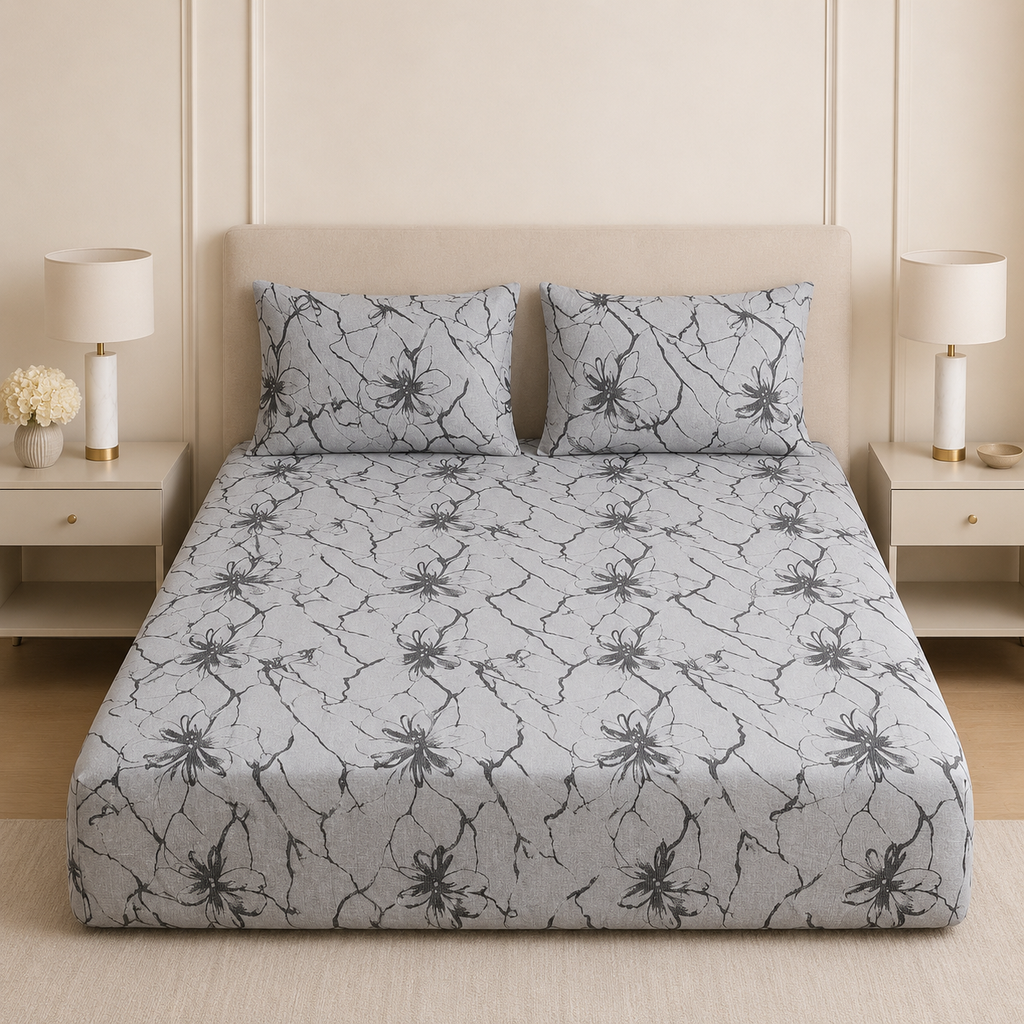Pure Cotton Printed Fitted Bedsheet Set with 2 Pillow Covers Product Code :- 55B125RKEH