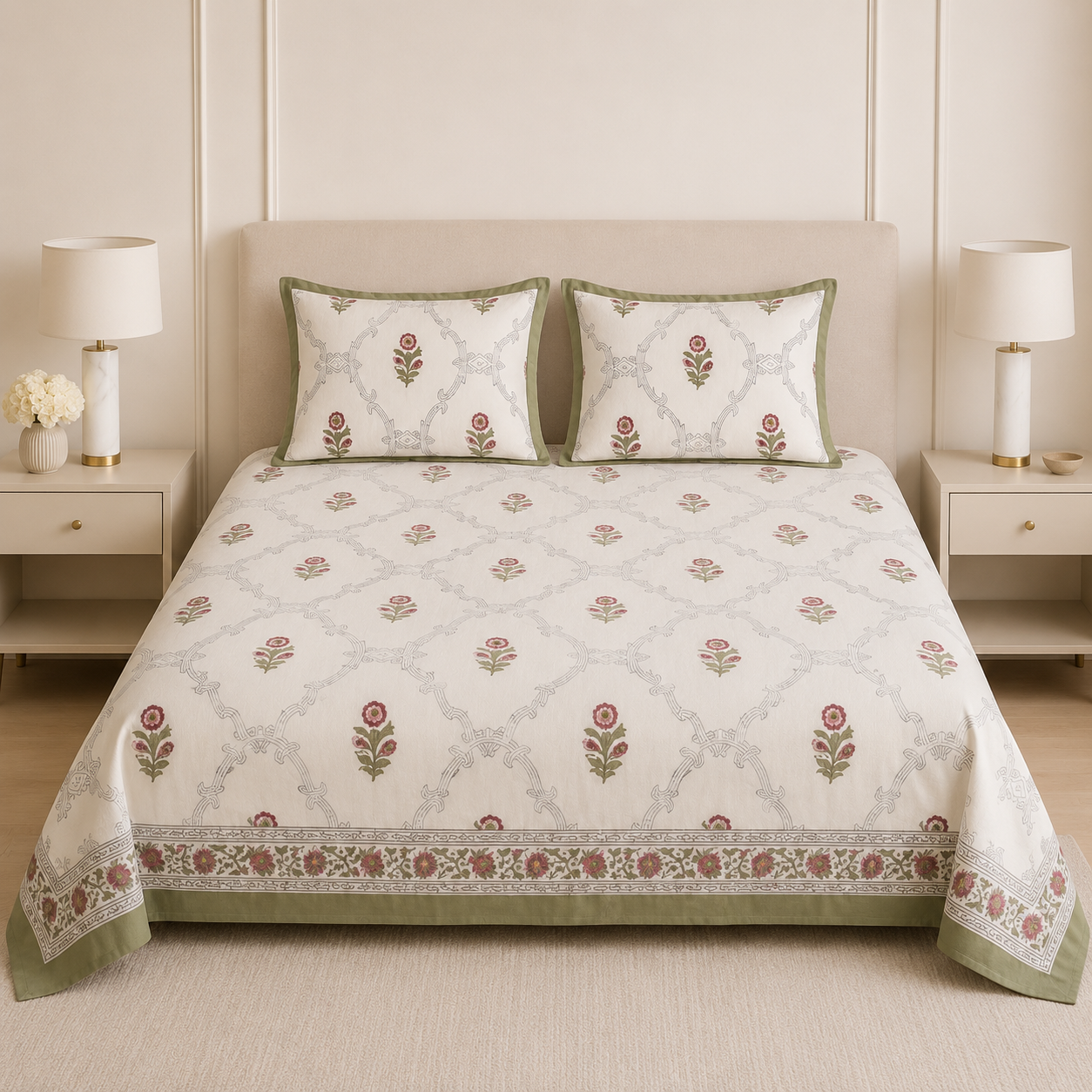 Block Print Bedsheet Set (108 x 108 inches) with 2 Pillow Covers Product Code :- 55B106RKEH