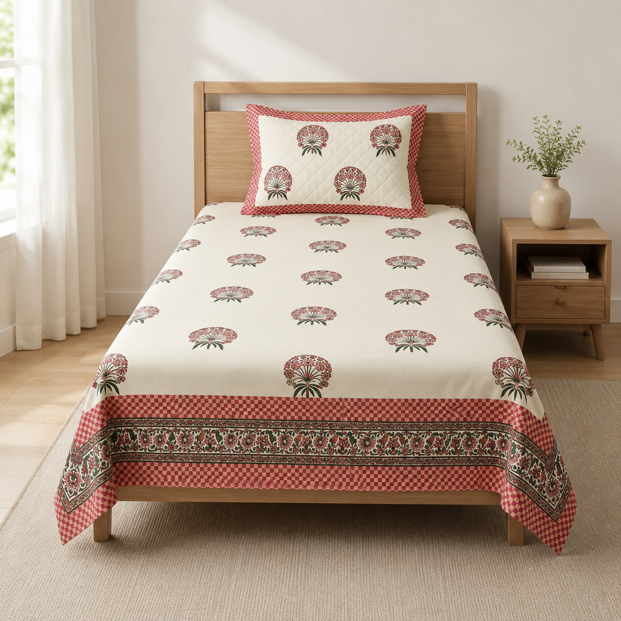 Premium Block Prints Pure Cotton Single Bedsheet with Pillow Covers Product Code :- 55B48RKEH