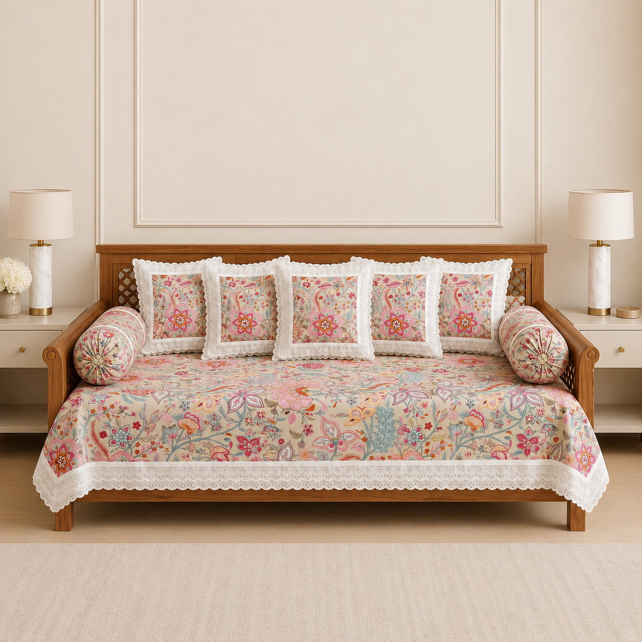 🌸 Elegant Floral Diwan Set – 8 Piece Collection Product Code :- 55B131RKEH