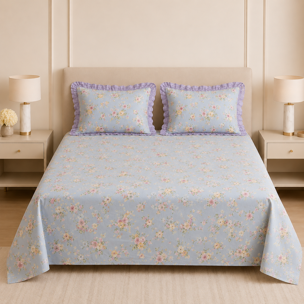 Pure Cotton Bedsheet With Chicken Lace Pillow Covers 108 x 108 inch Product Code :- 55B162RKEH