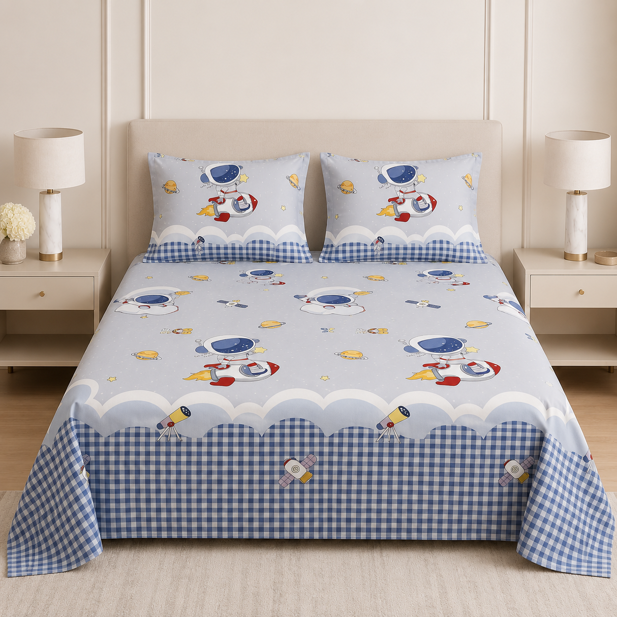 Soft & Playful Kids Bedsheet Set (108 × 108) – 100 % Pure Cotton with 2 Pillow Covers