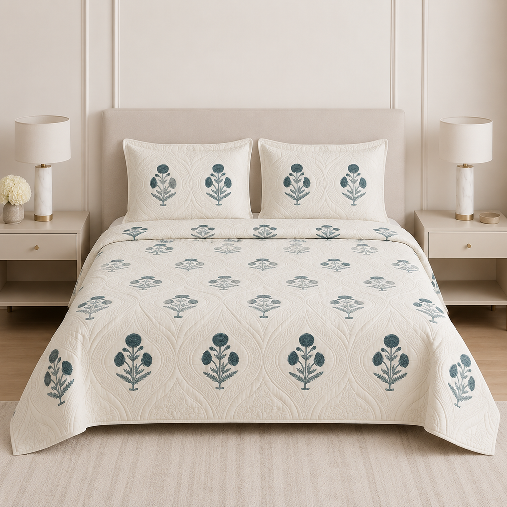 Motif Muslin Quilted Bedcover – 110 * 113 Inch Super King Size Luxury Product Code :- 55B425KEH