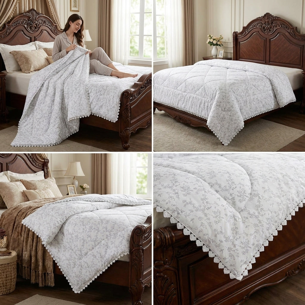 Premium Floral Print Comforter with Lace Border - Double bed