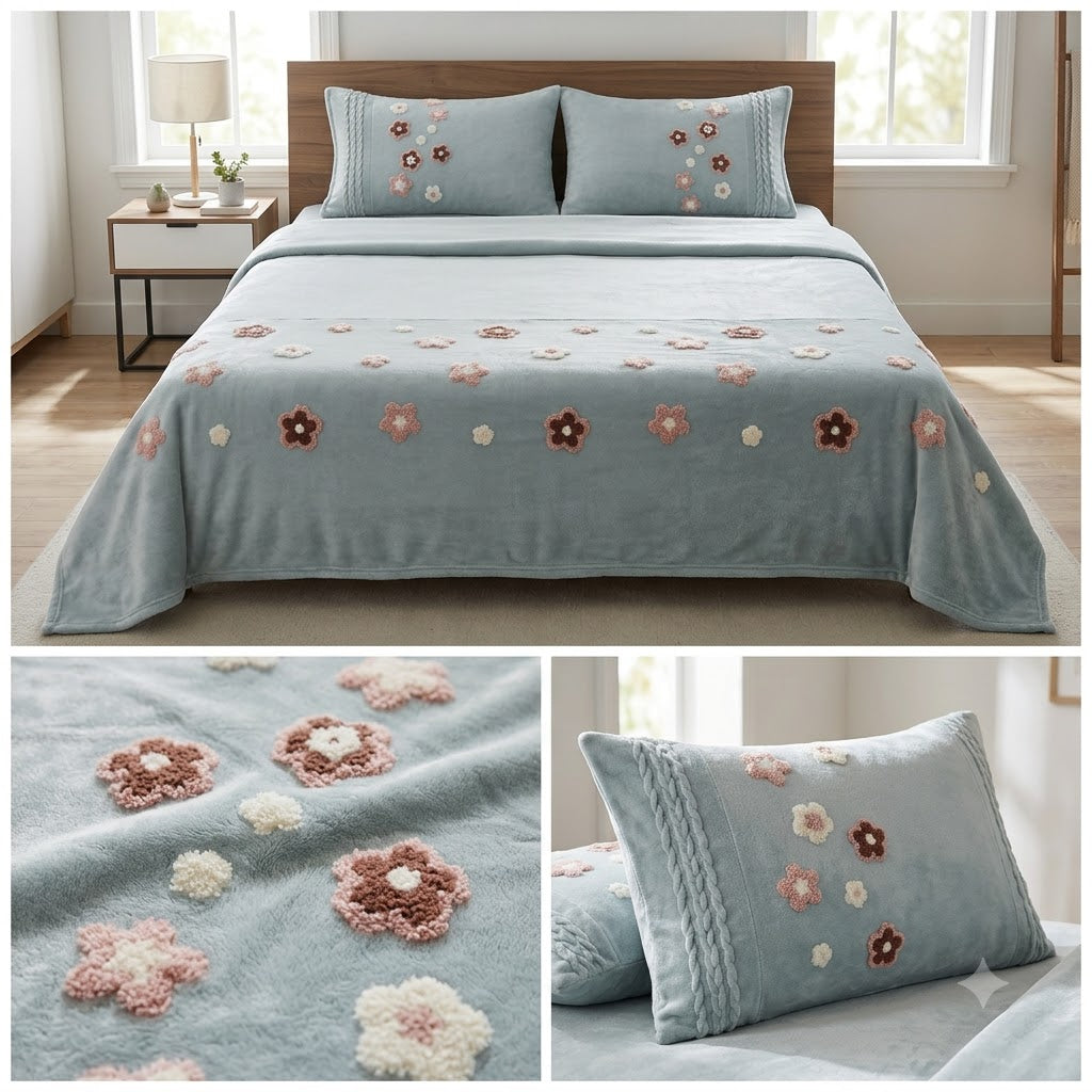 Floral Embroidered Winter Bedsheet Set with Designer Pillow Covers – 3 Pcs