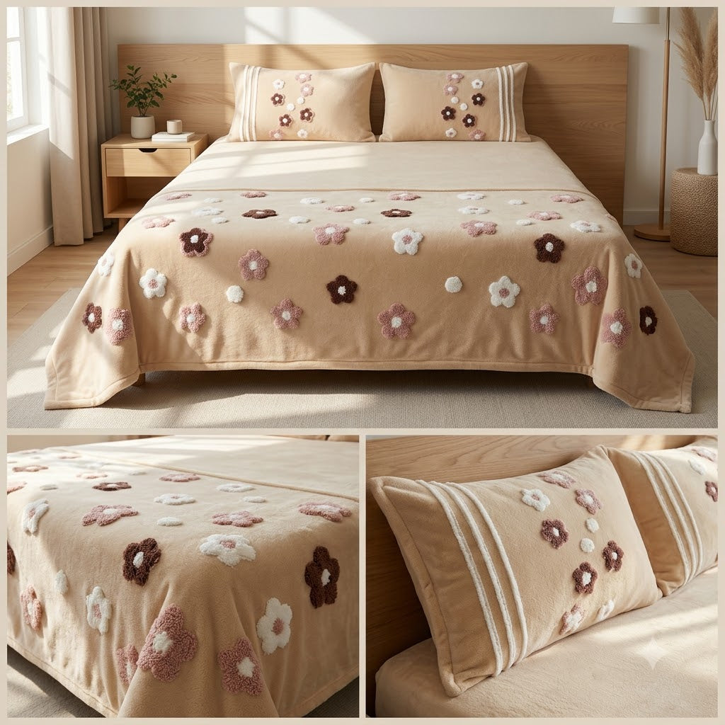 Floral Embroidered Winter Bedsheet Set with Designer Pillow Covers – 3 Pcs