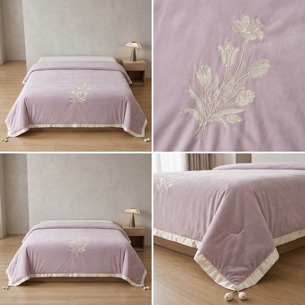 Luxary Designer Embroidered Comforter with Satin Edge & Decorative Tassels