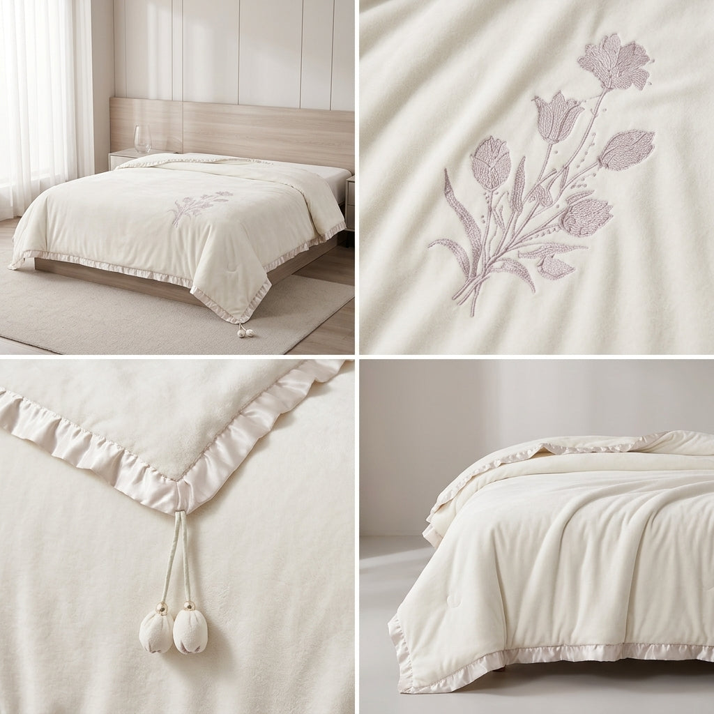 Luxary Designer Embroidered Comforter with Satin Edge & Decorative Tassels