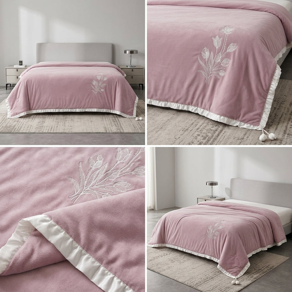 Luxary Designer Embroidered Comforter with Satin Edge & Decorative Tassels