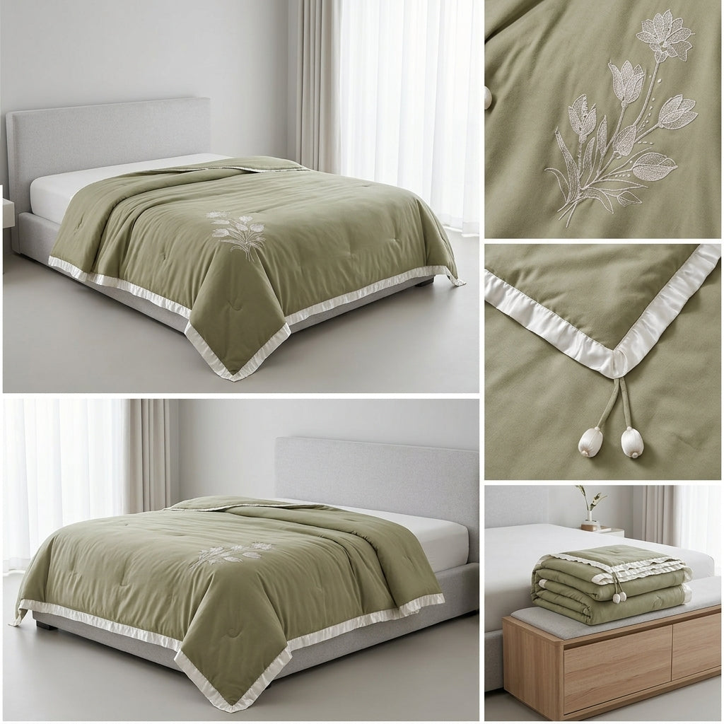 Luxary Designer Embroidered Comforter with Satin Edge & Decorative Tassels