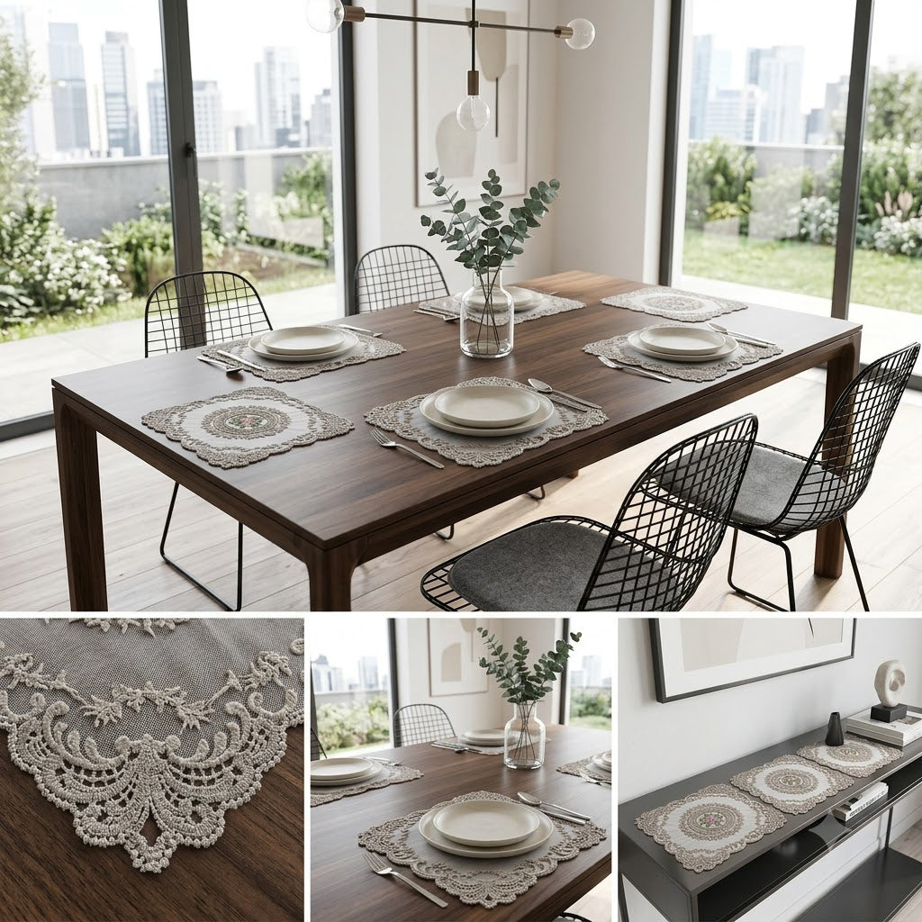 🌸 Premium Turkish Lace Table Mats Set | 3-Piece Luxury Dining Collection