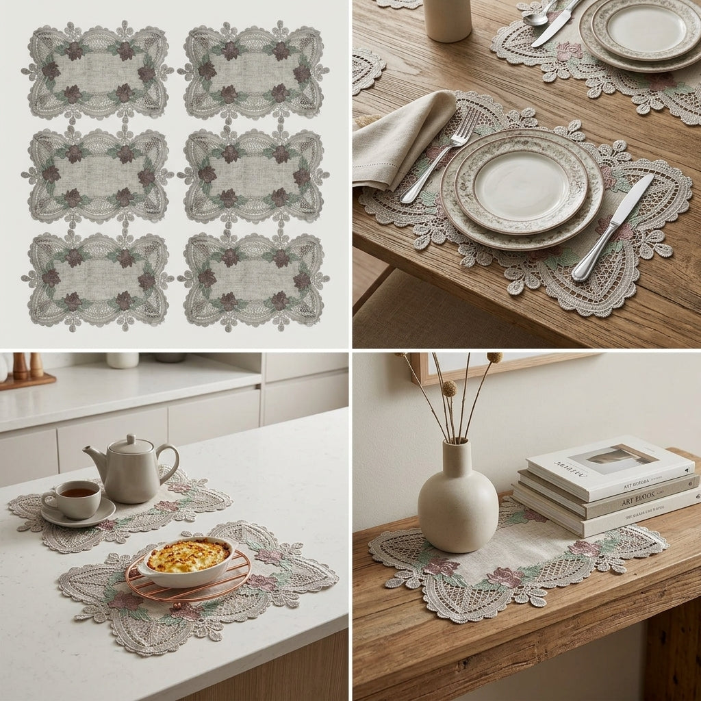 Luxury Embroidered Lace Table/Dining Mats – Set of 6
