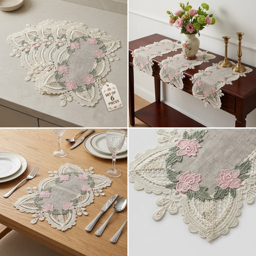 Luxury Embroidered Lace Table/Dining Mats – Set of 6