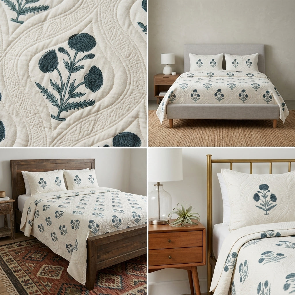Motif Muslin Quilted Bedcover – 110 * 113 Inch Super King Size Luxury
